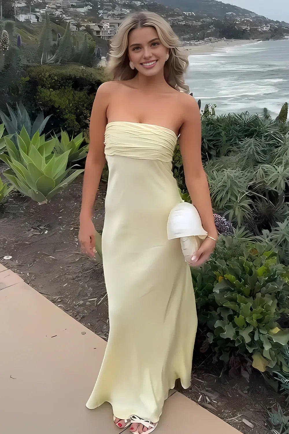 Vestido Weitese sencillo, vestido de fiesta largo rosa sin tirantes con fruncido